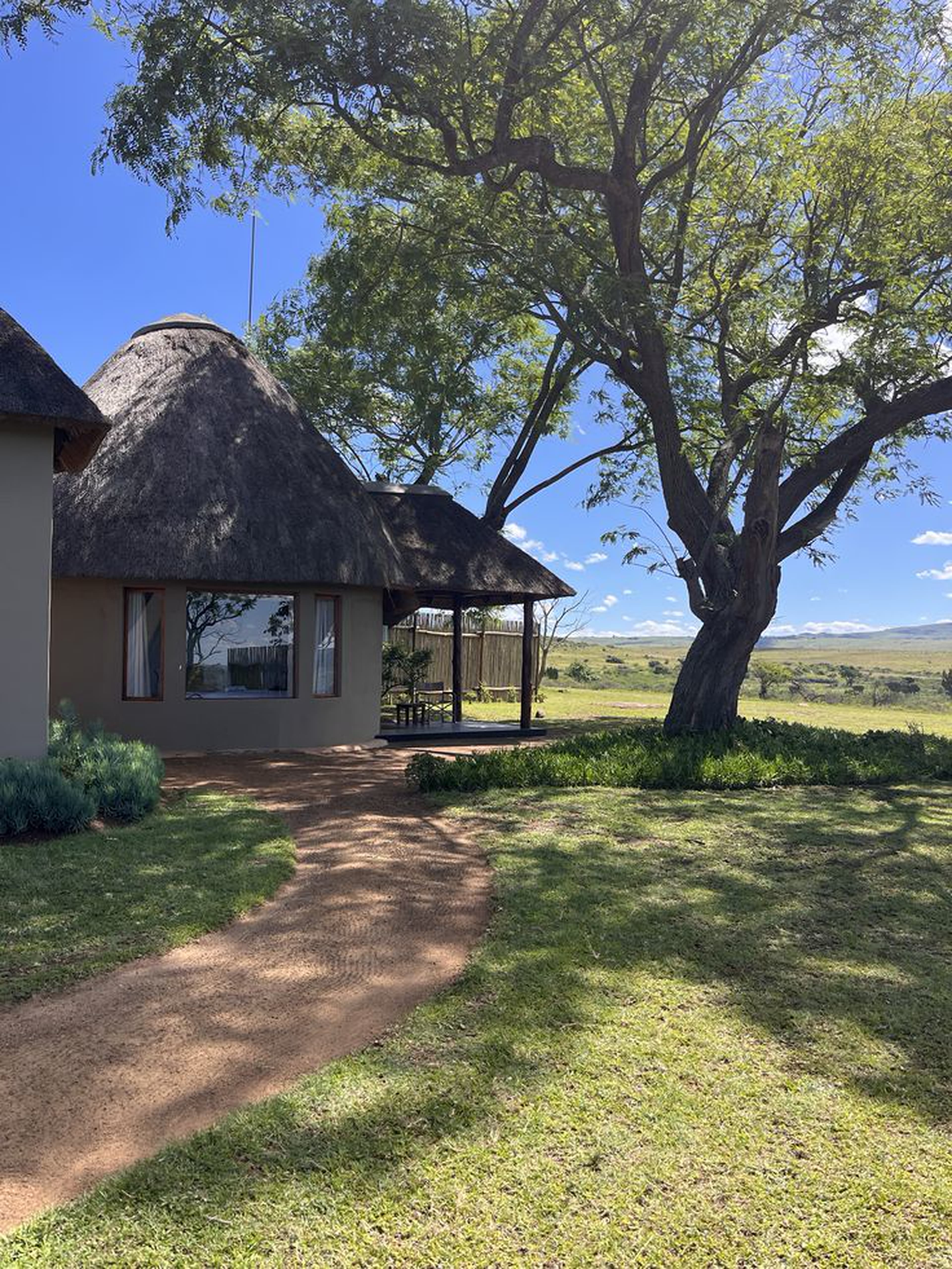 Thatched guest house with a path through the garden